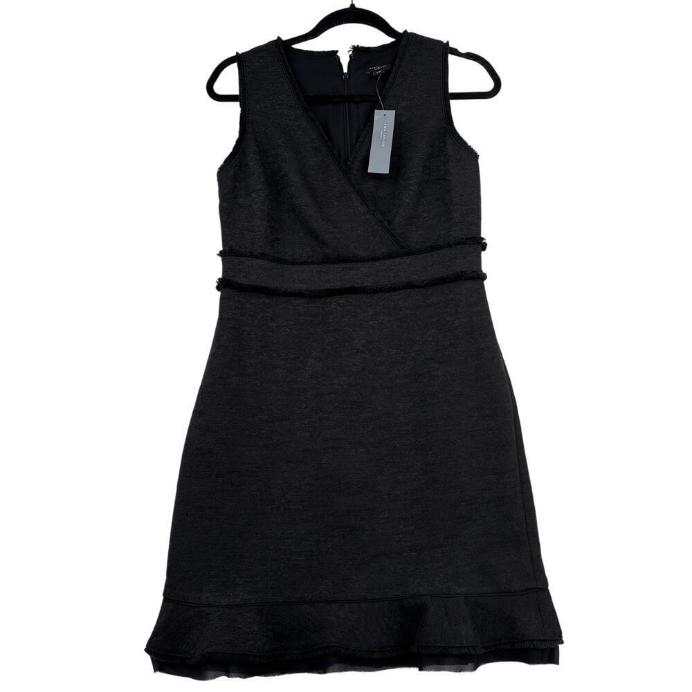 Ann Taylor‎ Surplice Sheath Dress Size 6 Petite Black Ruffle Lace Hem Lined